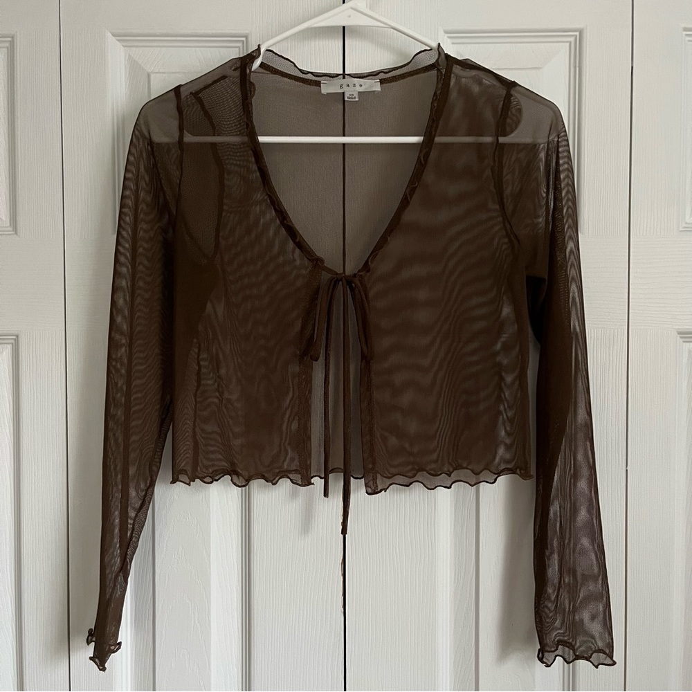 Brown Mesh Front Tie Top